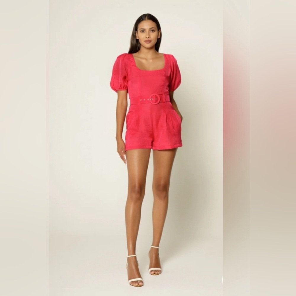 Lavender Brown Hot Pink Puff-Sleeve Romper